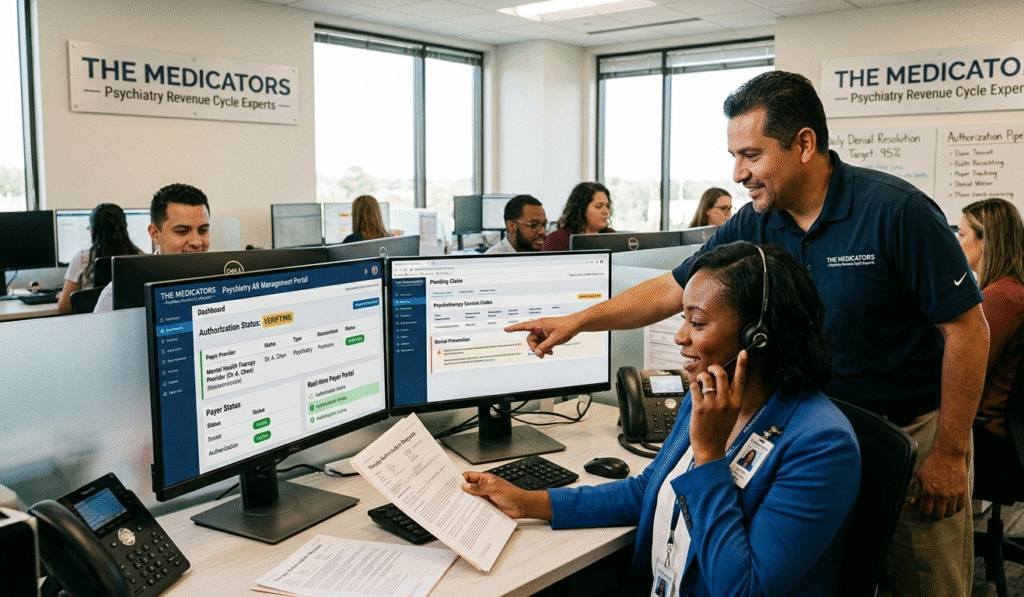 Expert coordinators at The Medicators office managing Psychiatry AR Management by verifying therapy authorizations in real-time.