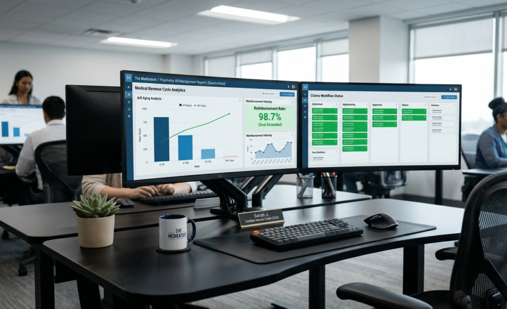 A modern workstation at The Medicators showing a successful Psychiatry AR Management report with reduced aging claims and high reimbursement rates.
