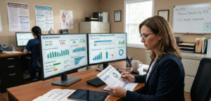 A medical billing specialist performing an internal medicine coding audit to improve revenue cycle management and reduce aged accounts receivable.