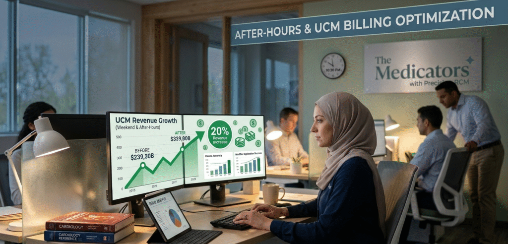 A professional workstation at The Medicators featuring a revenue growth chart for weekend and after-hours urgent care visits, illustrating a 20% increase in billing efficiency.