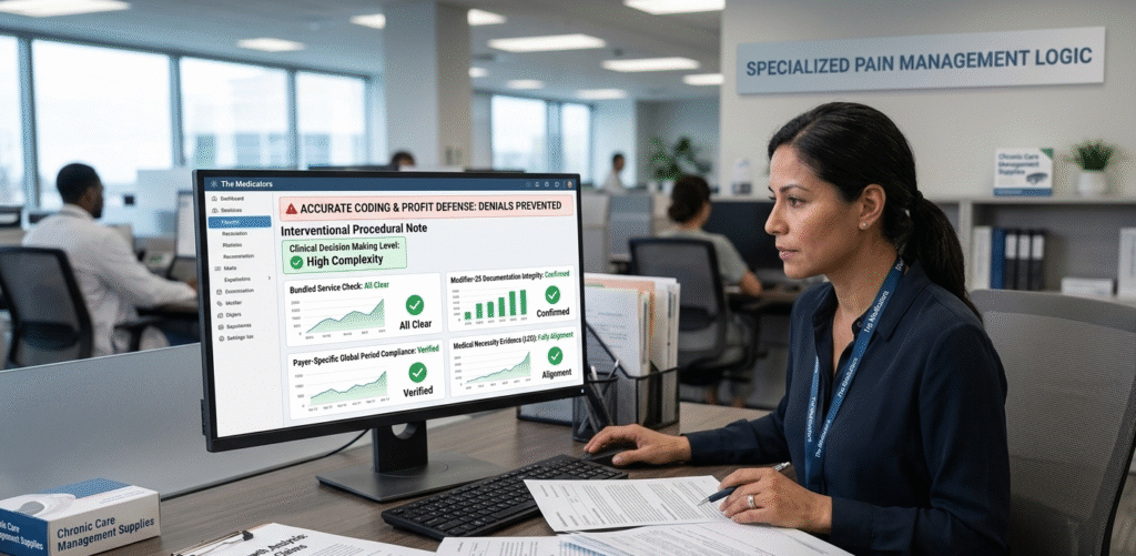 A specialist is auditing a complex pain management claim on dual monitors, with one screen highlighting a green "LCD Compliance: 100% Verified" badge.