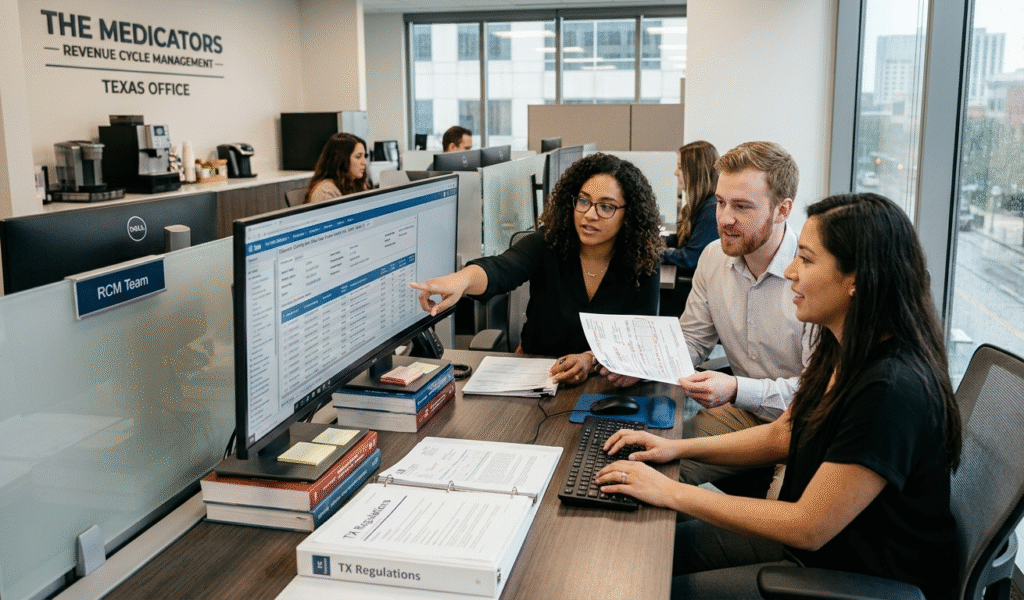 Professional RCM team at The Medicators Texas office reviewing medical billing claims and state regulations on a computer monitor
