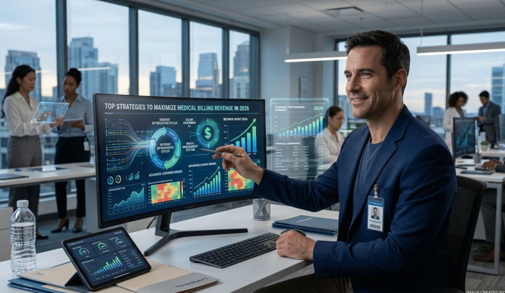 A male medical billing specialist in a modern office analyzing an advanced data analytics dashboard that displays strategies for maximizing medical billing revenue and financial performance in 2026.