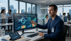 A male medical billing specialist in a modern office analyzing an advanced data analytics dashboard that displays strategies for maximizing medical billing revenue and financial performance in 2026.