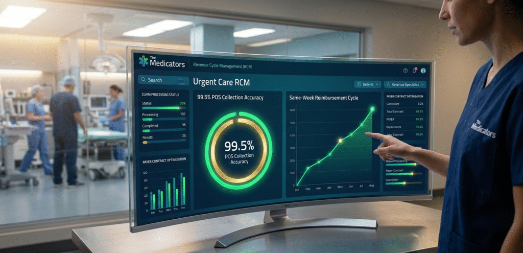 An urgent care performance dashboard at The Medicators illustrating a "same-week" reimbursement cycle and 99.5% Point-of-Service (POS) collection accuracy.