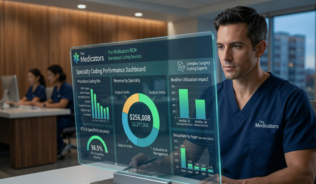 Revenue cycle specialists at The Medicators office performing real-time verification and facility fee audits for a high-volume urgent care network.