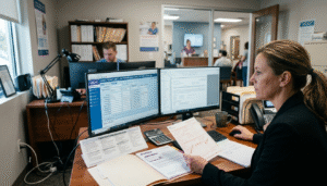 Urgent Care medical billing specialist reviewing patient claim forms and reference guides in a modern clinic back office.