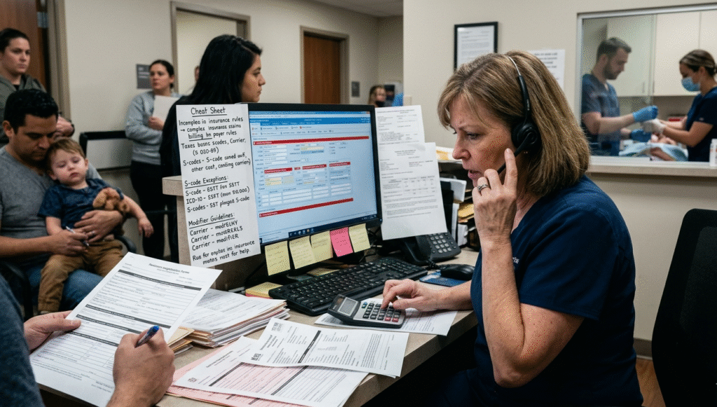 A stressed urgent care receptionist wearing a headset manages a busy waiting room while reviewing a complex billing "cheat sheet" on her desk, illustrating the difficulty of S-code and E/M coding in a high-volume medical setting.