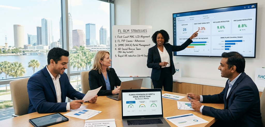 professional FAQ graphic explaining AR management services in Florida, covering First Coast Medicare denials, PIP claims handling, AHCA Medicaid Managed Care, and strategies for clearing high AR backlogs.