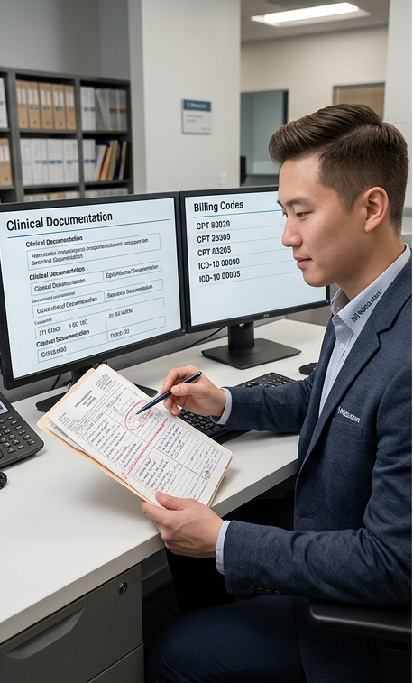 Internal medicine billing audit specialist reviewing physician claims, identifying coding inconsistencies, and correcting revenue cycle errors.