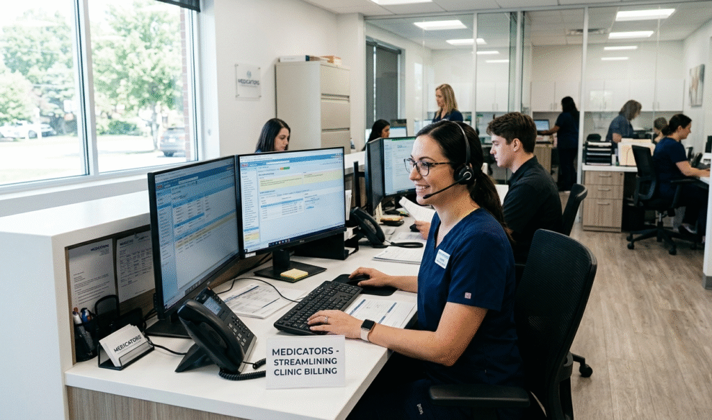 A female billing expert in blue scrubs smiles at her dual monitors in a bright, modern office with a desk sign reading "MEDICATORS - STREAMLINING CLINIC BILLING".