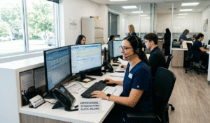 A female billing expert in blue scrubs smiles at her dual monitors in a bright, modern office with a desk sign reading "MEDICATORS - STREAMLINING CLINIC BILLING".