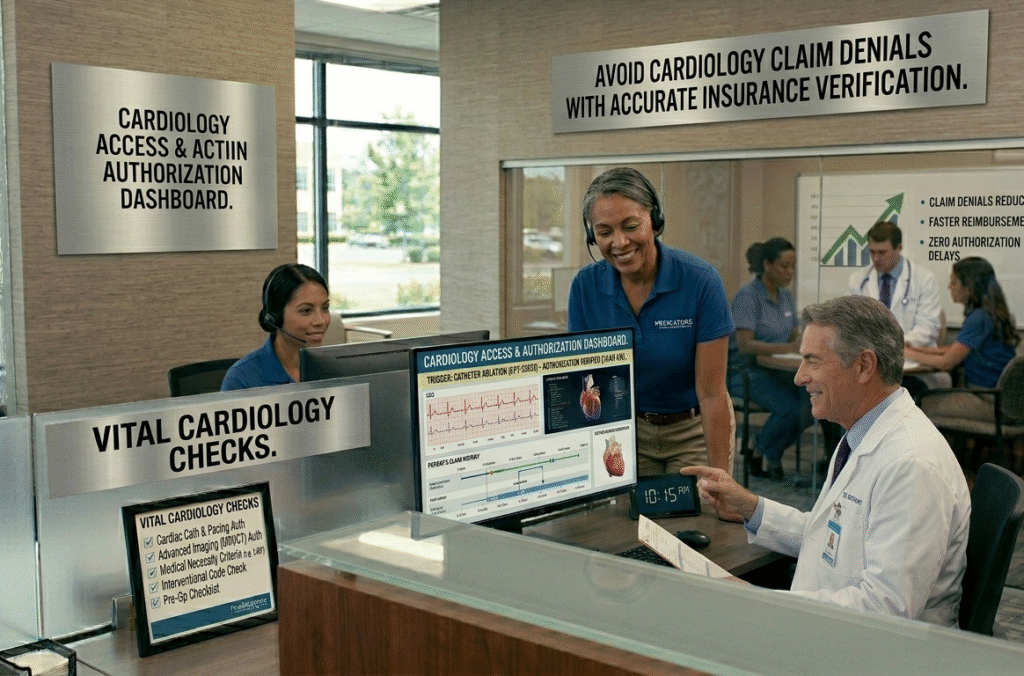 Healthcare billing professionals verifying cardiology patient insurance benefits and authorization requirements in real time.