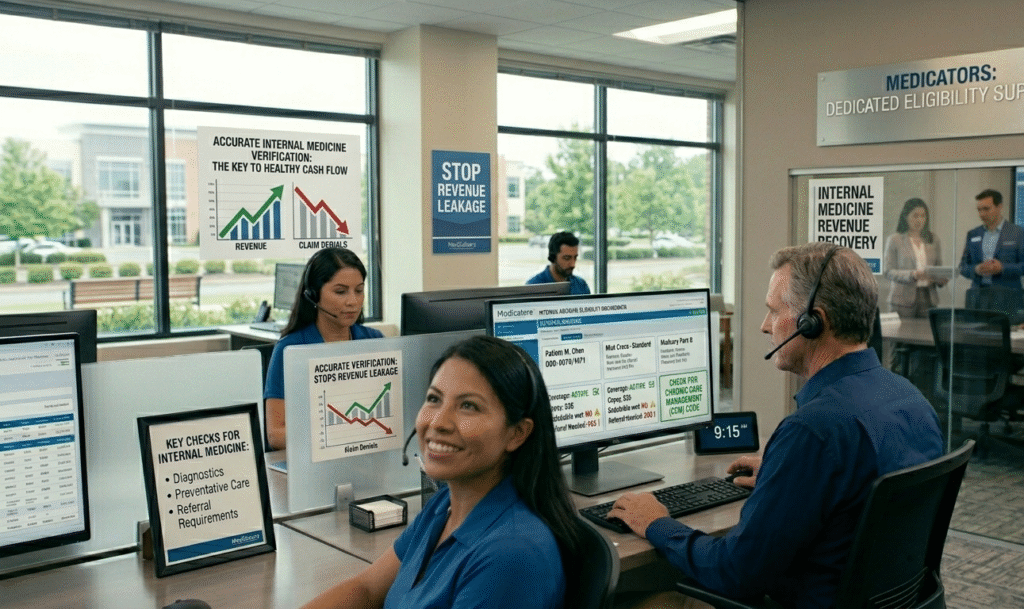 Internal medicine insurance verification specialists reviewing patient eligibility and benefits at The Medicator’s office.