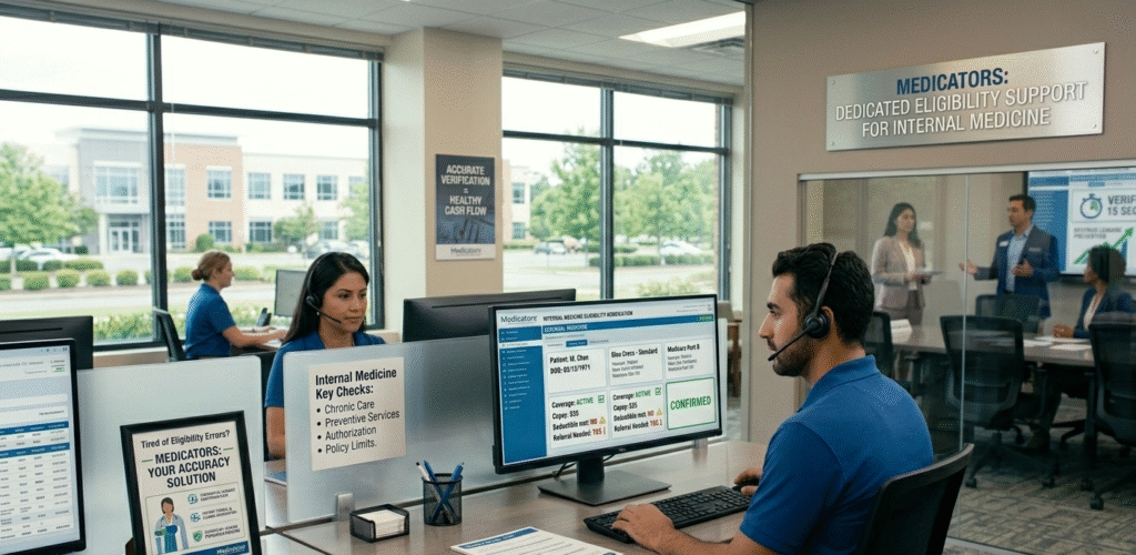 Internal medicine insurance verification specialists reviewing patient eligibility and benefits at The Medicator’s office.