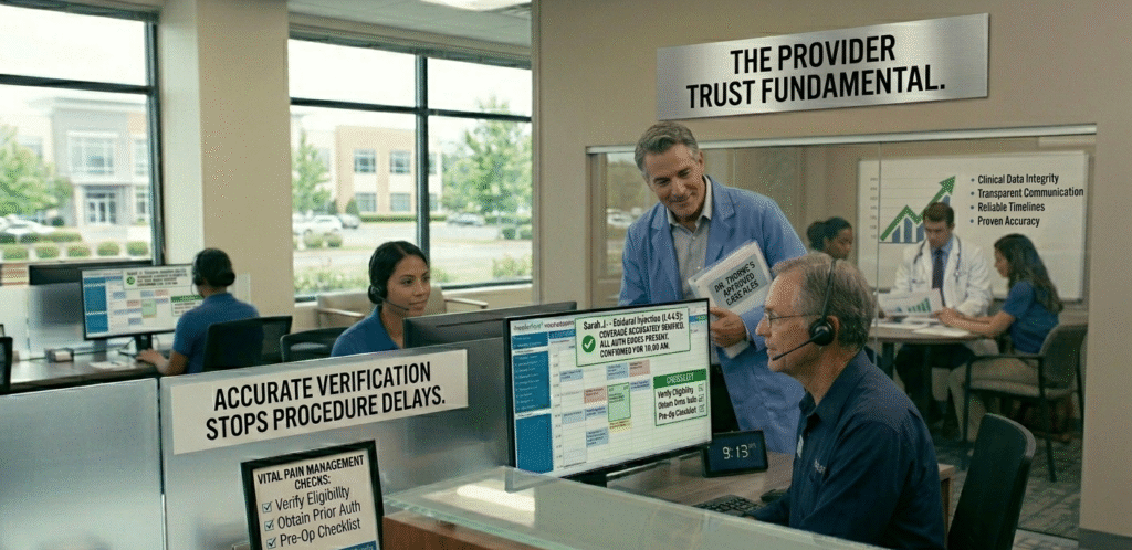 Pain management insurance verification specialists reviewing patient benefits and procedure authorizations at The Medicator’s office.