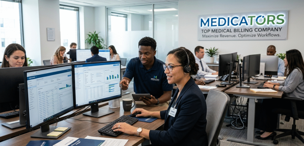 Professional office setting with diverse staff working on dual monitors displaying medical billing software under a backlit Medicators logo.