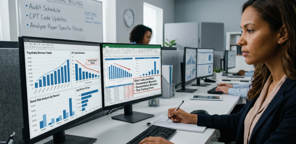 A detailed psychiatry revenue audit dashboard showing corrected claims, reduced denials, and improved reimbursement accuracy at The Medicators.