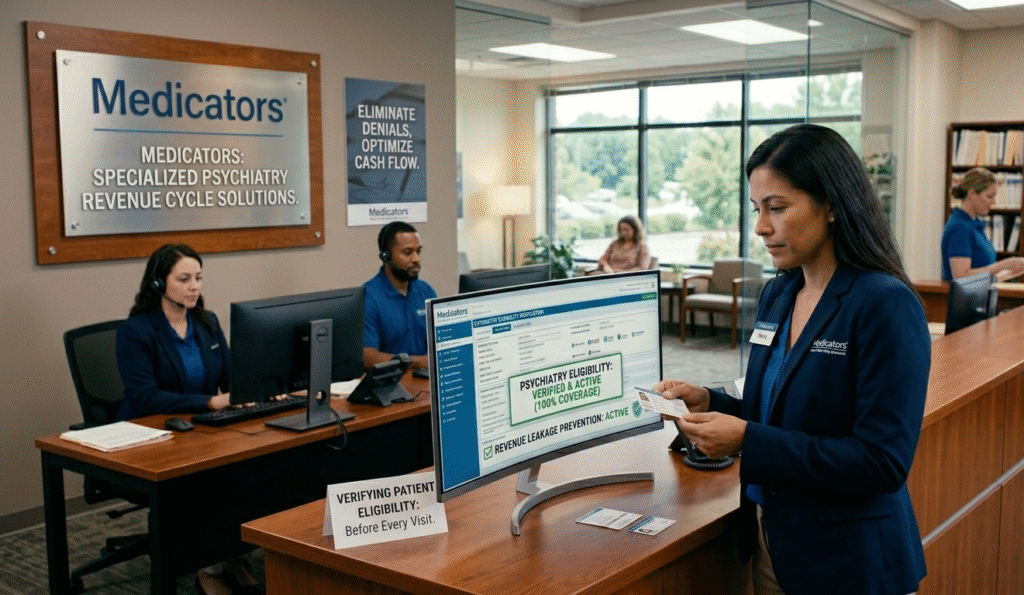 Behavioral health billing specialists verifying patient insurance eligibility for psychiatry services at The Medicator’s office.