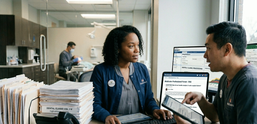two billing specialists reviewing a dental insurance claim on a tablet and screen in a modern clinic office.