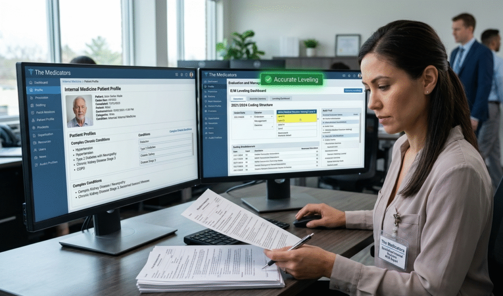 The Medicators" RCM expert auditing complex Internal Medicine E/M leveling to prevent downcoding and ensure accurate reimbursement for complex chronic care visits.