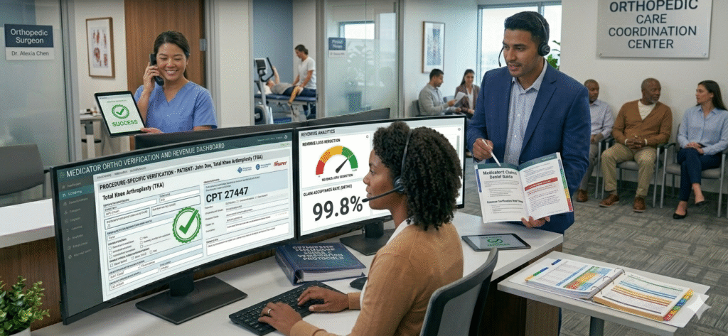 Medical billing professionals verifying orthopedic procedure eligibility and insurance benefits in real time.
