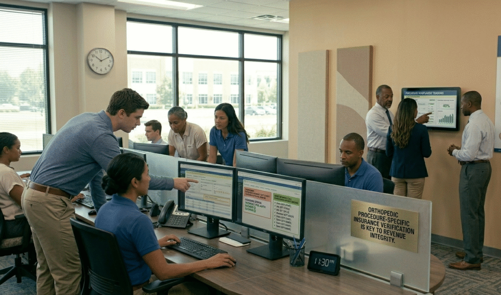 Orthopedic eligibility verification specialists reviewing surgery authorization and patient insurance coverage at office.