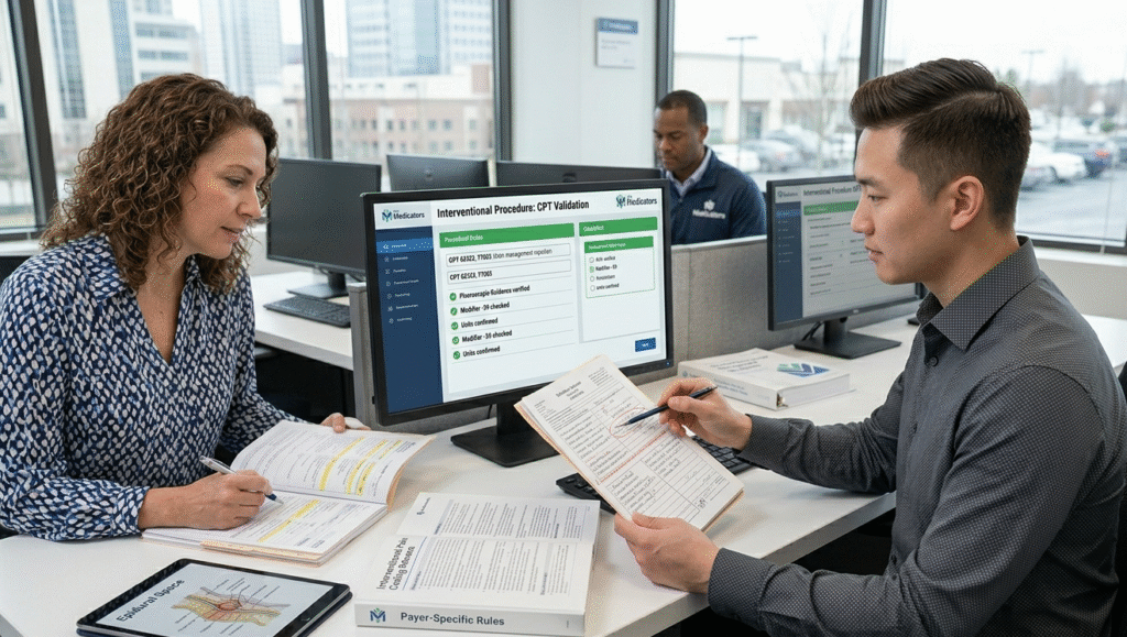 Pain management billing audit specialists reviewing interventional procedure claims, CPT coding accuracy, and modifier compliance for revenue optimization.