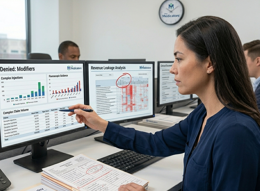 Pain management revenue audit dashboard showing corrected procedural claims, reduced denials, and improved reimbursement performance tracking.