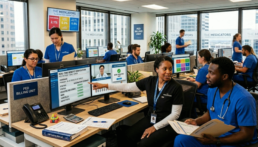 Healthcare billing team verifying pediatric patient benefits and vaccination coverage in real time