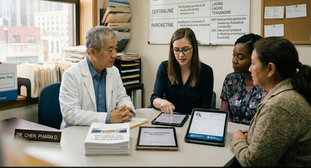 Psychiatry billing audit specialists at The Medicators discussing behavioral health claims to detect coding and documentation errors in real time.