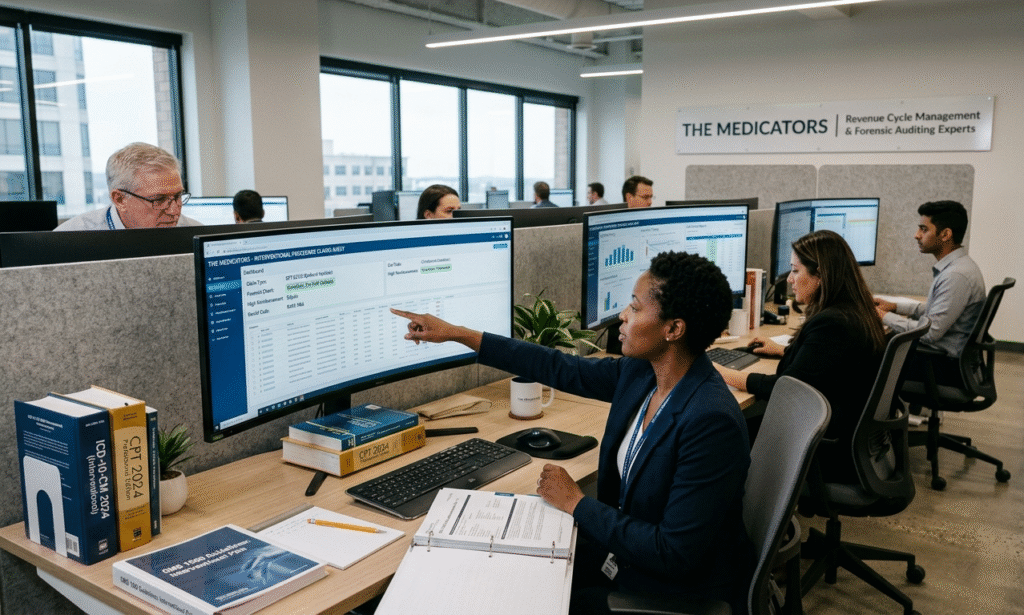 A professional revenue dashboard showing optimized collection rates for a multi-provider pain management clinic managed by The Medicators.
