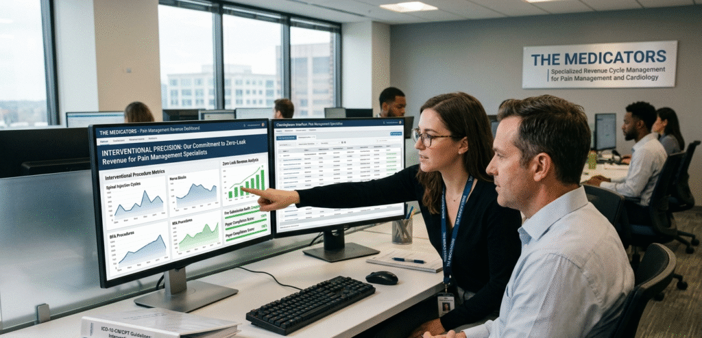Expert billing auditors at The Medicators office performing forensic reviews of interventional procedure claims to ensure compliance and high reimbursement.