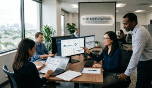 A professional medical billing team analyzing revenue cycle management data on dual monitors .