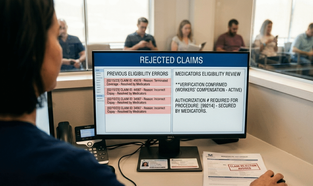 Revenue cycle experts at The Medicators managing urgent care eligibility verification and resolving insurance coverage issues in real time.