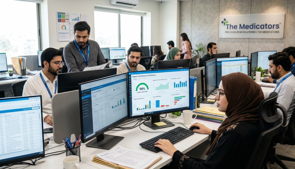 Professional medical billing specialists at The Medicators office utilizing advanced RCM dashboards to manage high-volume urgent care claims with a 98% clean-claim success rate.