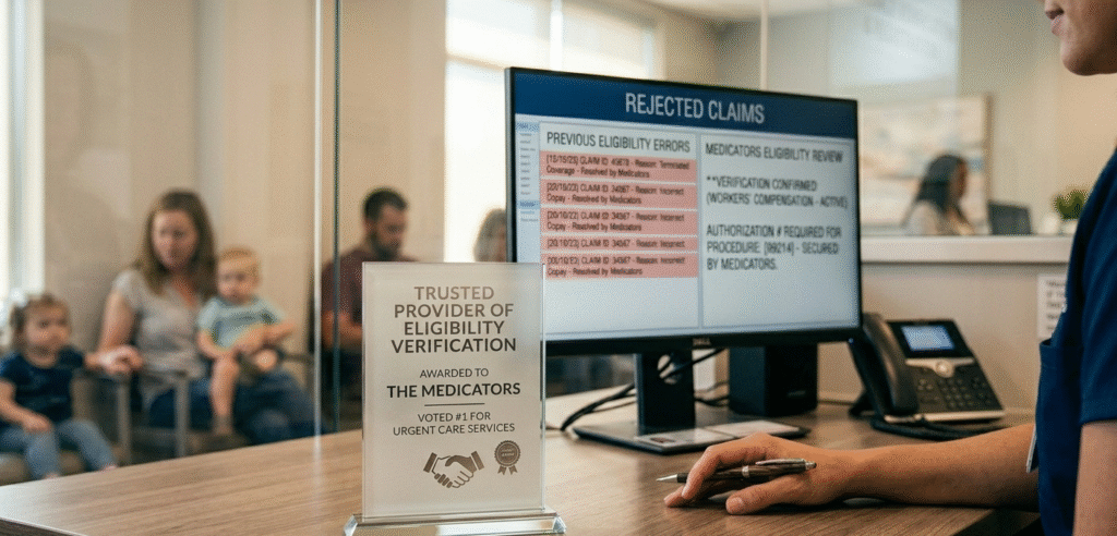 at The Medicators desktop shows urgent care patient eligibility and insurance benefits before same-day appointments.