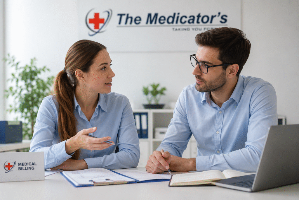 At Medicators office professional making discussing on challenges of Medical billing services in Illinois for healthcare providers.