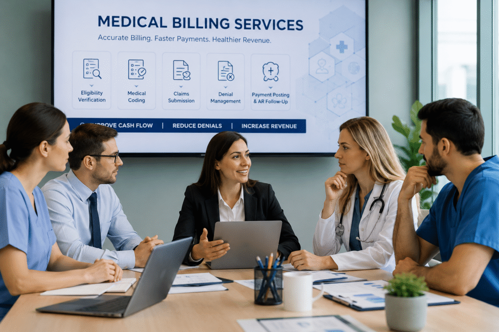 medical billers discussing Orthopedic billing services Texas healthcare revenue cycle