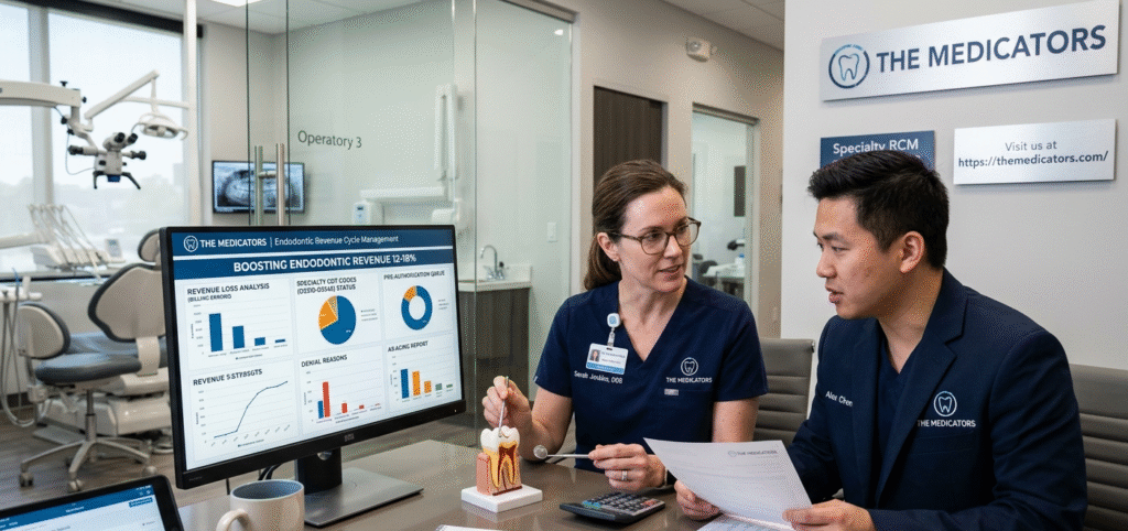 An endodontist and a dental billing specialist from The Medicators review an endodontic revenue cycle dashboard tracking CDT specialty codes, denials, and AR aging in a modern dental office.