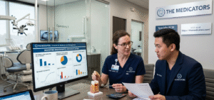 An endodontist and a dental billing specialist from The Medicators review an endodontic revenue cycle dashboard tracking CDT specialty codes, denials, and AR aging in a modern dental office.