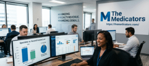 Modern office of The Medicators dental billing company, featuring specialists working at computers. The foreground monitor displays a comparison chart of 2024 ADA income data between dental specialists and general dentists alongside a low 5% denial rate pie chart. The background wall prominently displays the company logo "The Medicators"