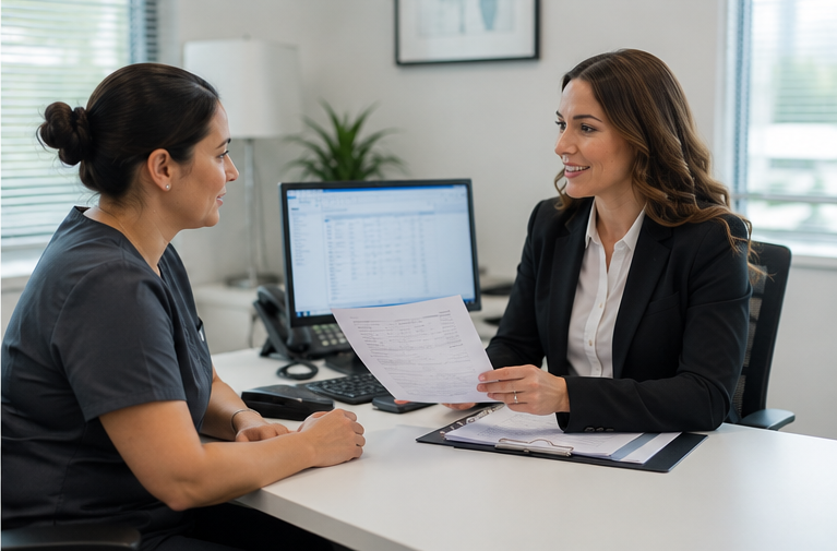 Urgent care billing specialists reviewing claims and reimbursement reports in a medical office.