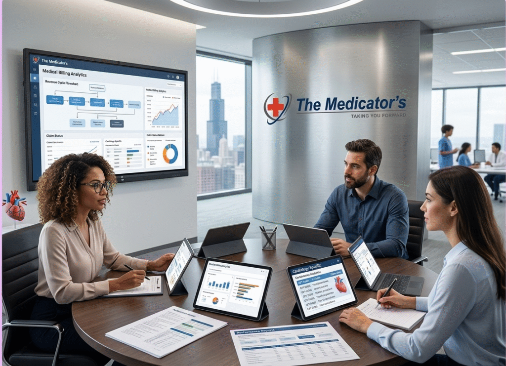 The Medicators billing experts conducting a corporate meeting around a conference table with tablets displaying cardiology-specific performance metrics, claims flowcharts, and financial analytics dashboards.