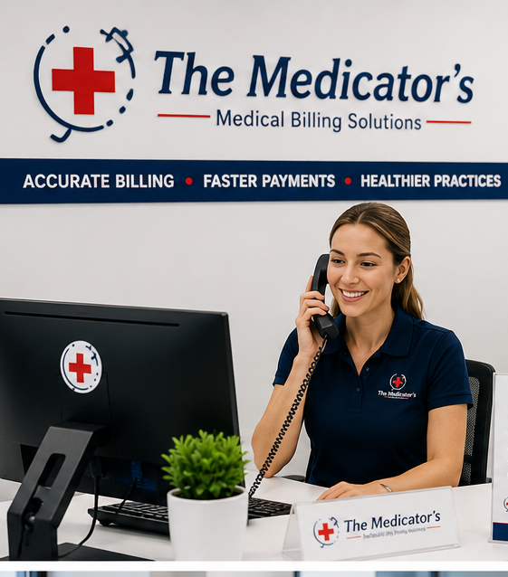 A receptionist at medicatror's office dealing with customers.
