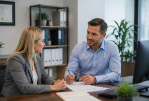 Cardiology practice administrator reviewing denied claims and revenue cycle reports with medical billing specialists in New York.