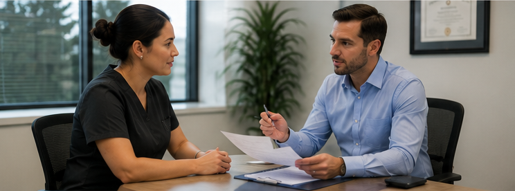 Internal medicine billing specialists reviewing claims, coding reports, and reimbursement performance in a medical office.