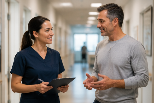 Healthcare credentialing specialist discussing provider enrollment and insurance credentialing documents for a Chicago medical practice.