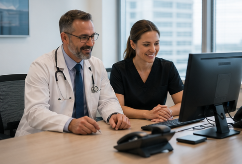 Credentialing specialist reviewing provider enrollment applications and insurance credentialing documents for a healthcare practice in Rockford, Illinois.