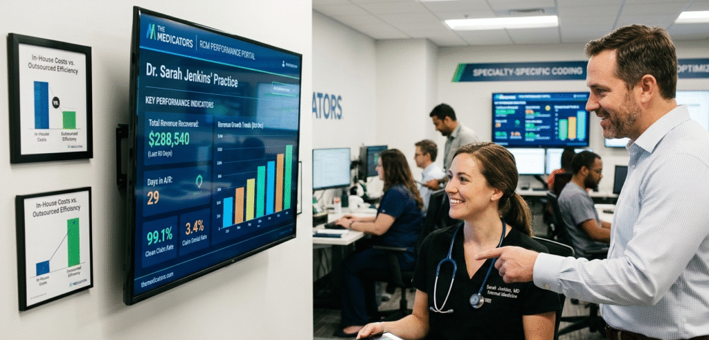 An internal medicine physician and a healthcare executive reviewing a digital RCM dashboard showing a 99.1% clean claim rate and $288,540 in recovered revenue, while specialized billing teams work efficiently in a modern, professional office environment at The Medicators.